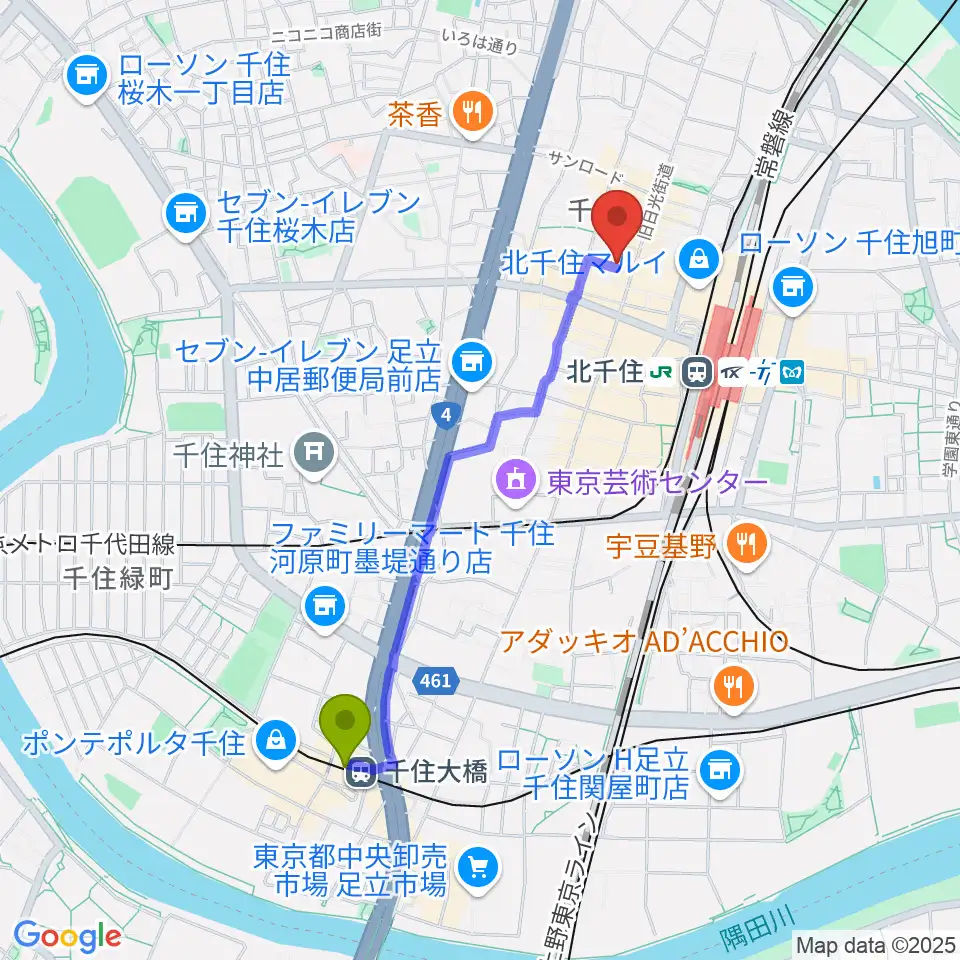 千住大橋駅からキャナリーギタースクールへのルートマップ地図