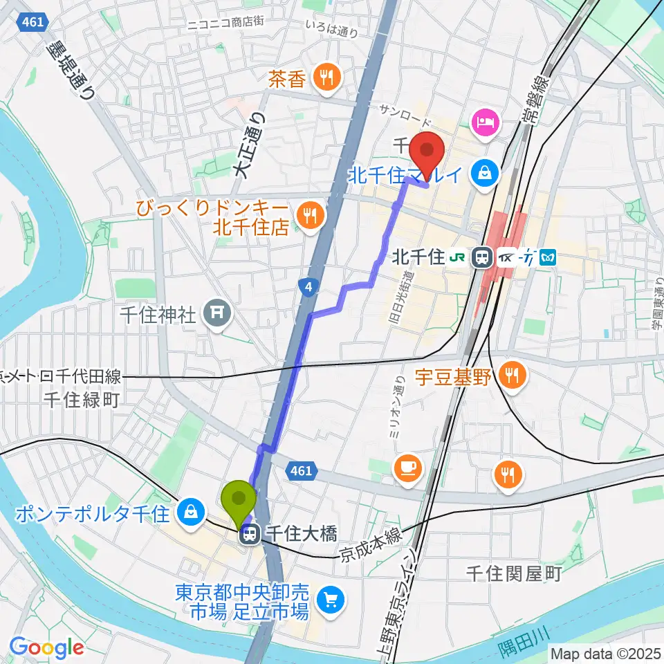 千住大橋駅からキャナリーギタースクールへのルートマップ地図
