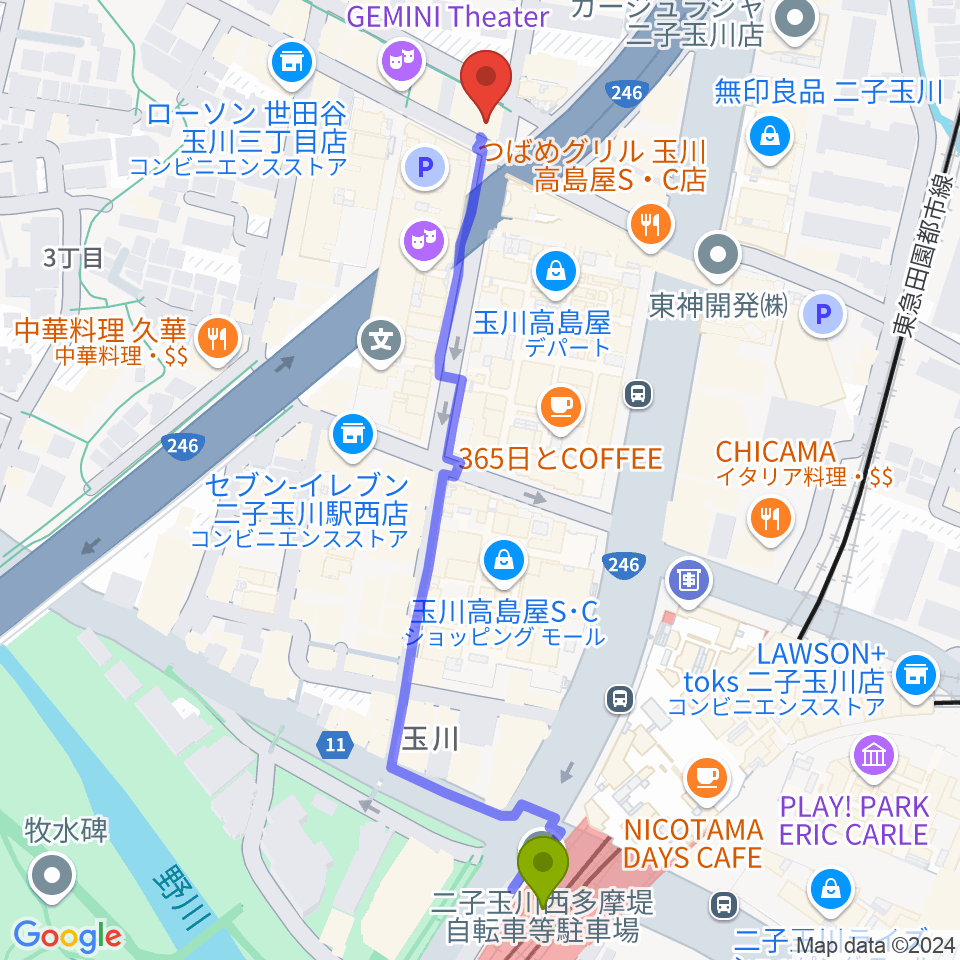 コパンミュージックの最寄駅二子玉川駅からの徒歩ルート（約6分）地図