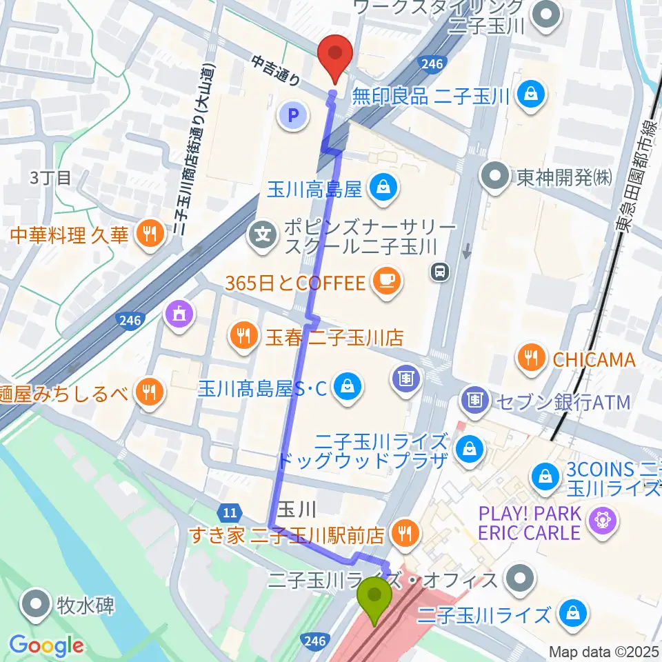 コパンミュージックの最寄駅二子玉川駅からの徒歩ルート（約6分）地図