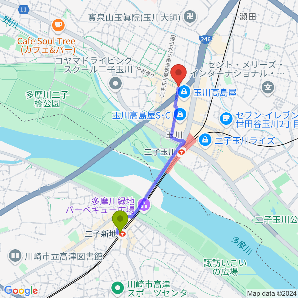 二子新地駅からコパンミュージックへのルートマップ地図