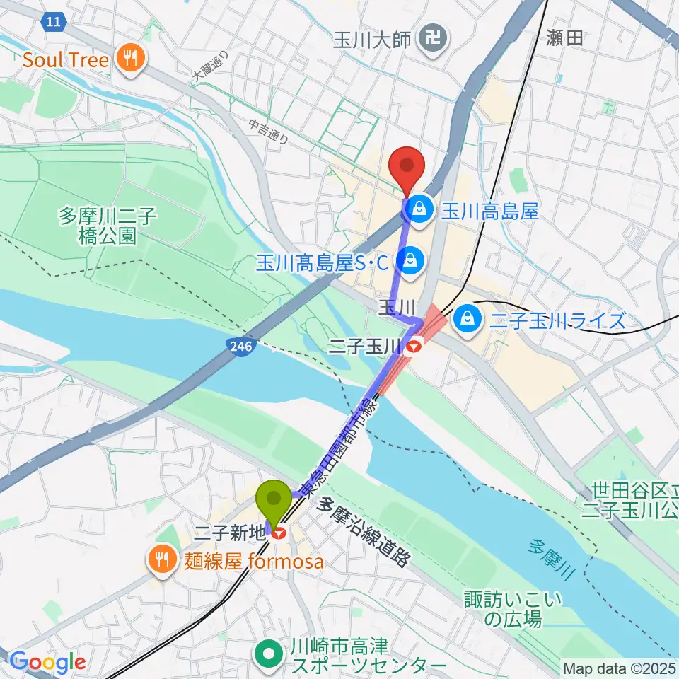 二子新地駅からコパンミュージックへのルートマップ地図