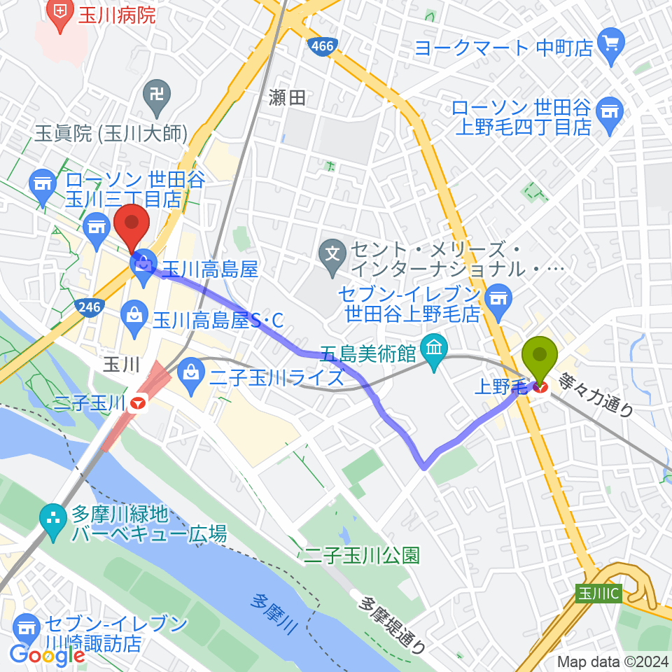 上野毛駅からコパンミュージックへのルートマップ地図