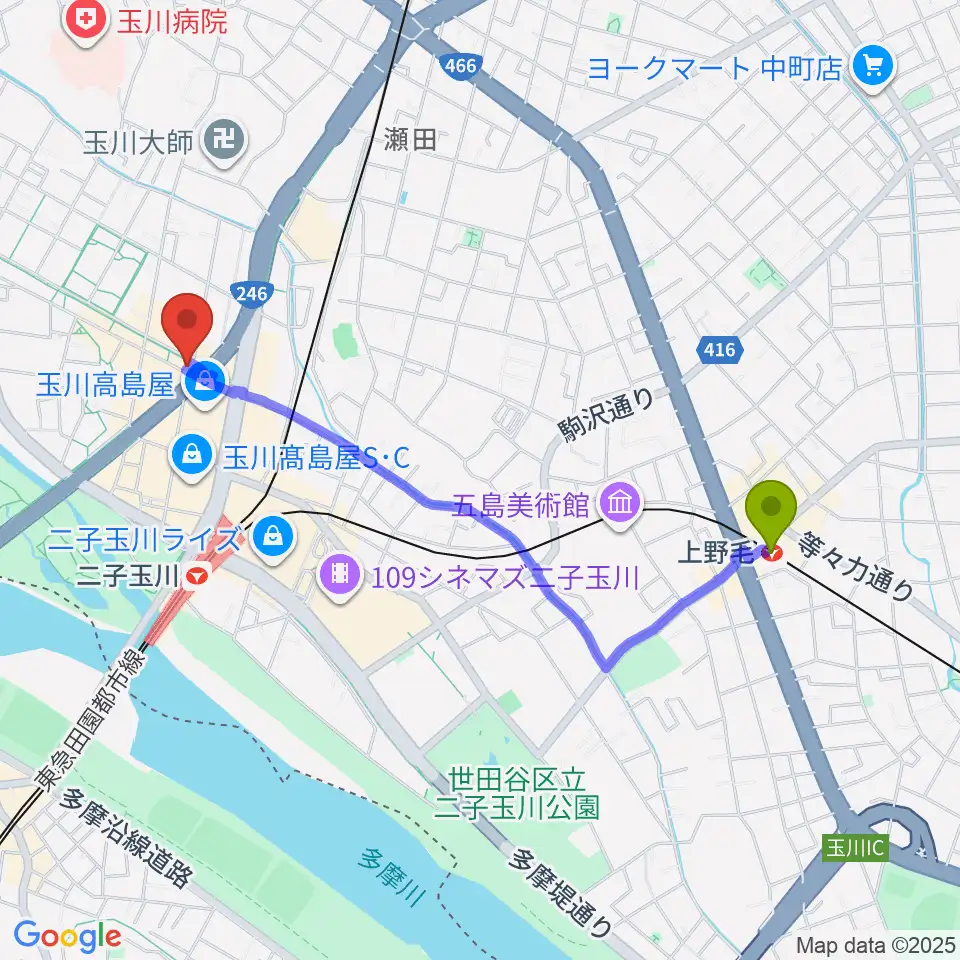 上野毛駅からコパンミュージックへのルートマップ地図