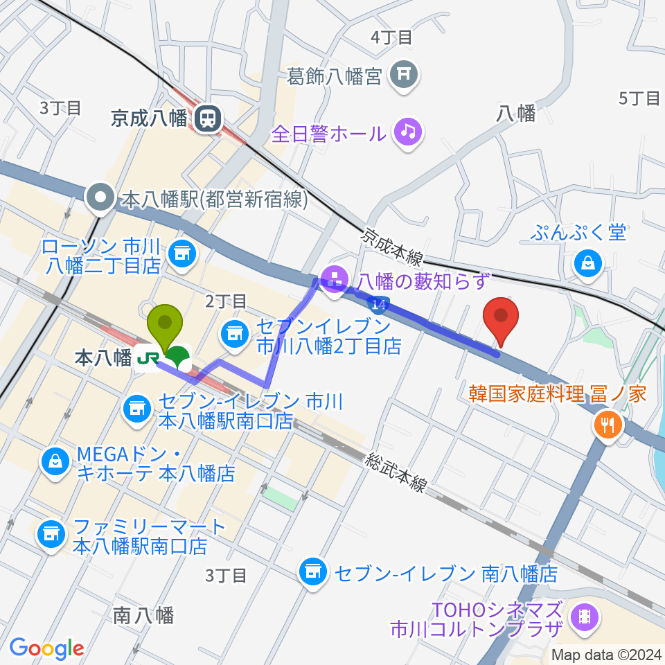 サウンドビュー音楽教室の最寄駅本八幡駅からの徒歩ルート（約8分）地図