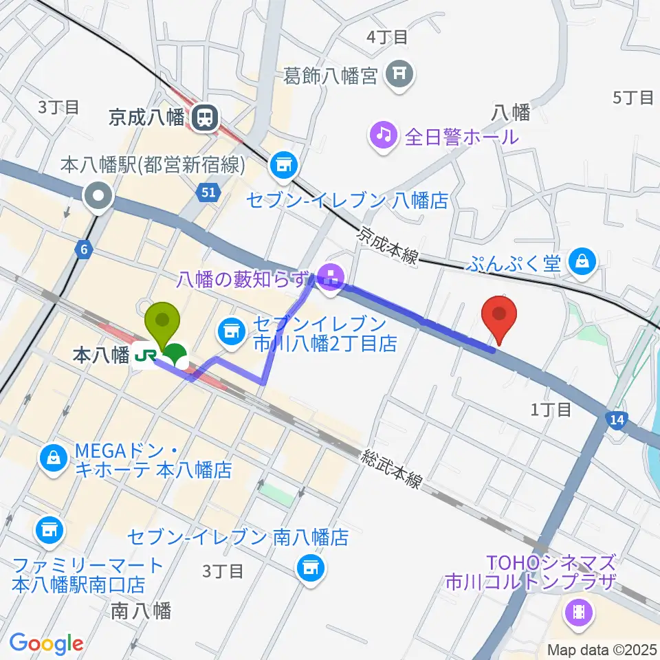 サウンドビュー音楽教室の最寄駅本八幡駅からの徒歩ルート（約8分）地図