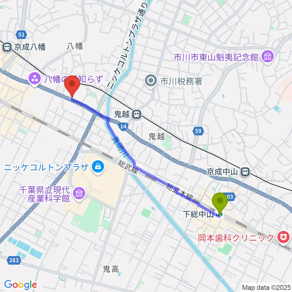 下総中山駅からサウンドビュー音楽教室へのルートマップ地図