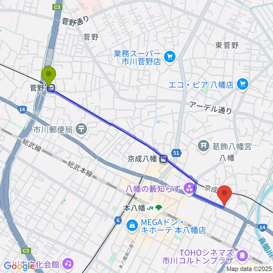 菅野駅からサウンドビュー音楽教室へのルートマップ地図