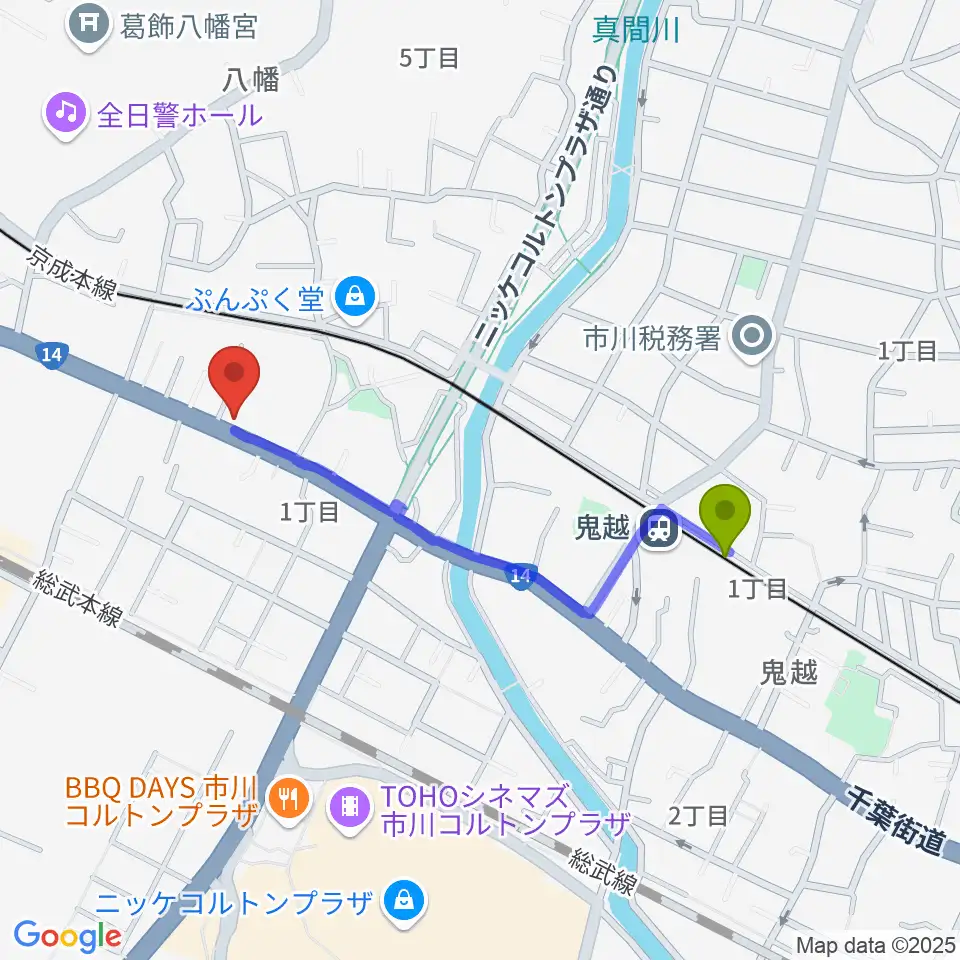 鬼越駅からサウンドビュー音楽教室へのルートマップ地図
