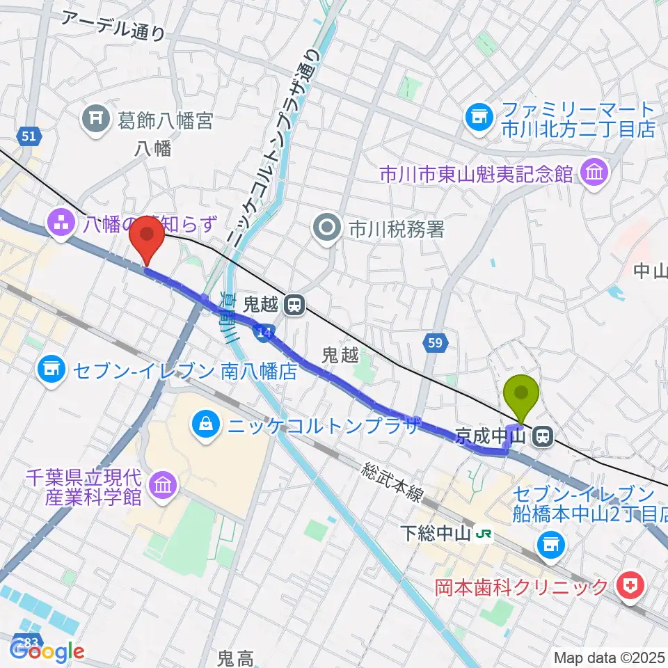 京成中山駅からサウンドビュー音楽教室へのルートマップ地図