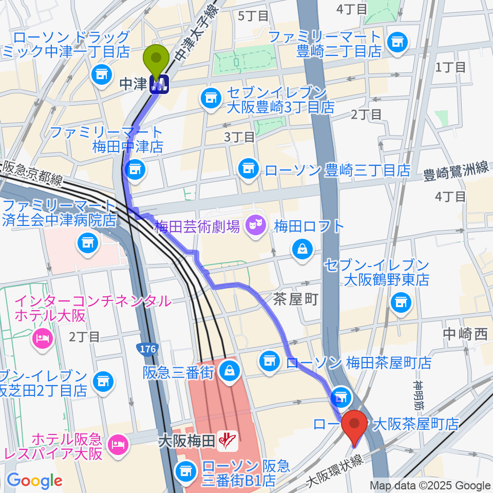 中津駅からドルチェ・ミュージック・アカデミーOSAKAへのルートマップ地図