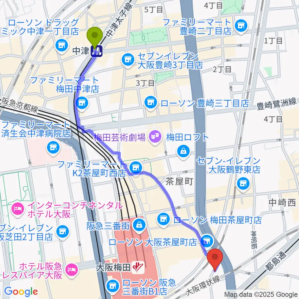 中津駅からドルチェ・ミュージック・アカデミーOSAKAへのルートマップ地図