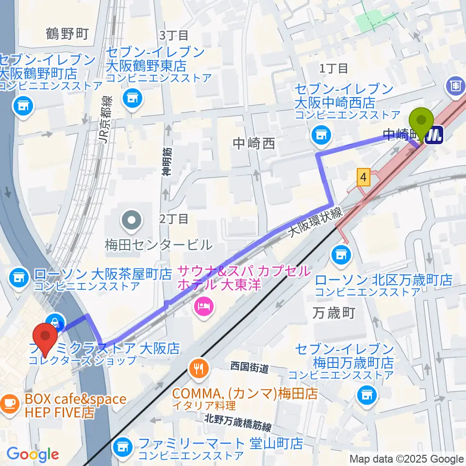 ドルチェ・ミュージック・アカデミーOSAKAの最寄駅中崎町駅からの徒歩ルート（約7分）地図