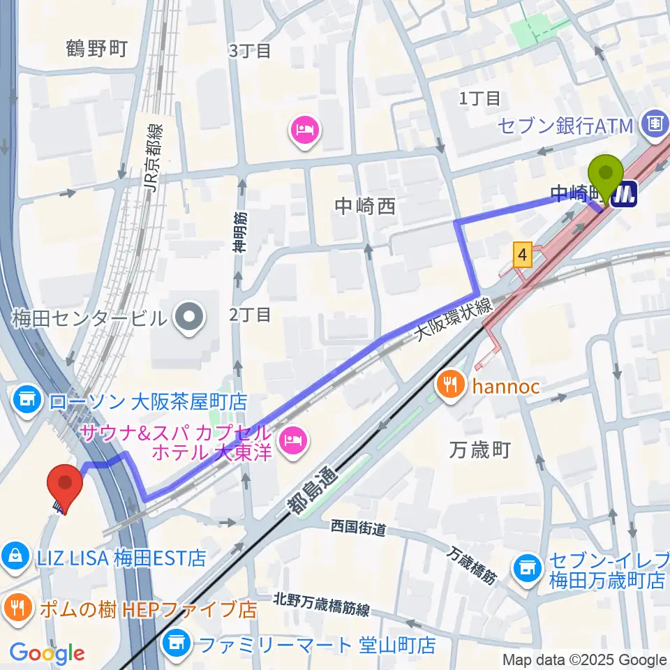 ドルチェ・ミュージック・アカデミーOSAKAの最寄駅中崎町駅からの徒歩ルート（約7分）地図