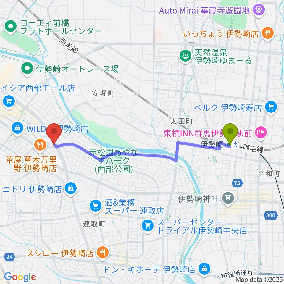 ピアノプラザ群馬 いせさき店の最寄駅伊勢崎駅からの徒歩ルート（約38分）地図