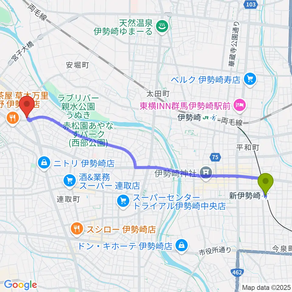 新伊勢崎駅からピアノプラザ群馬 いせさき店へのルートマップ地図