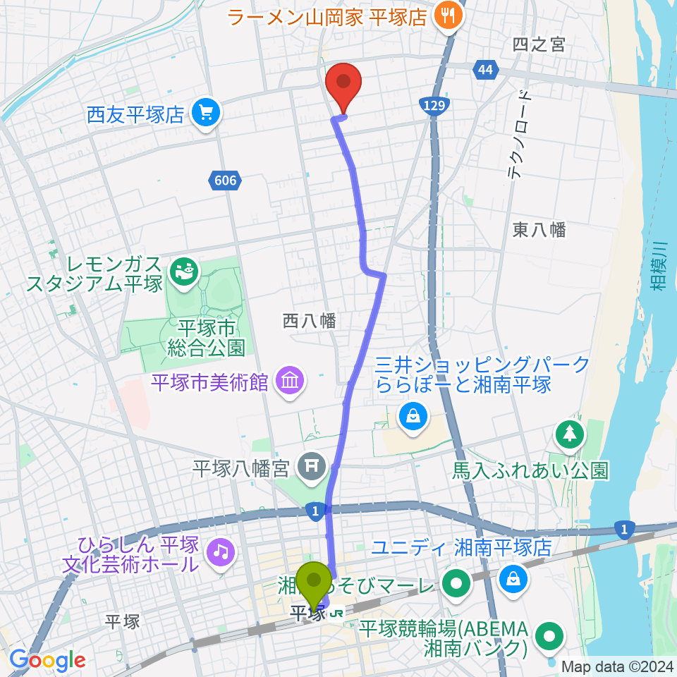 総合芸術学園ボア・コロンブの最寄駅平塚駅からの徒歩ルート（約46分）地図