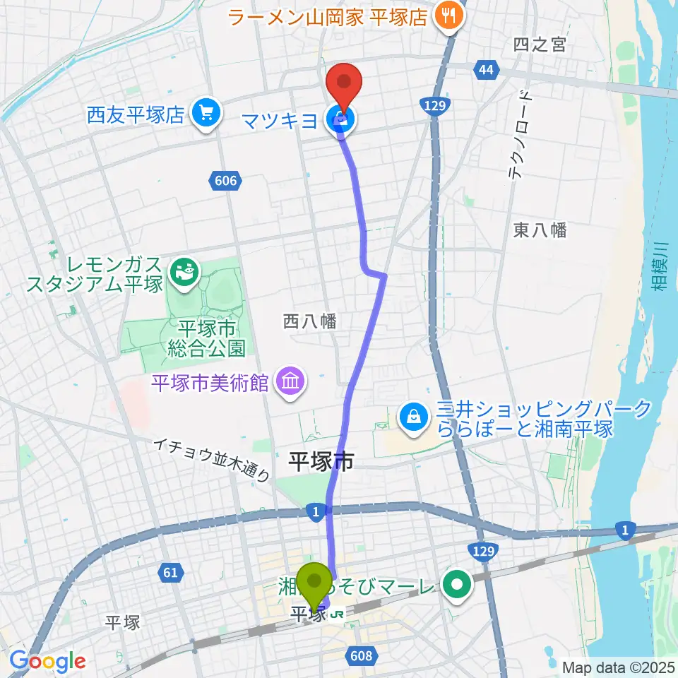 総合芸術学園ボア・コロンブの最寄駅平塚駅からの徒歩ルート（約46分）地図