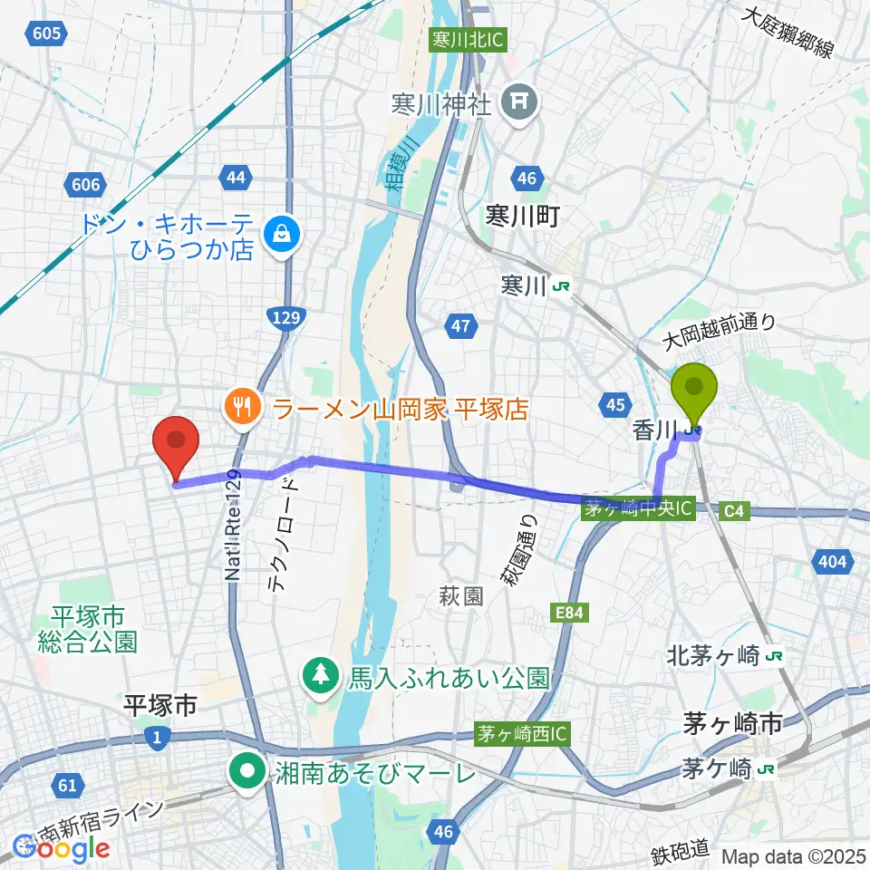 香川駅から総合芸術学園ボア・コロンブへのルートマップ地図