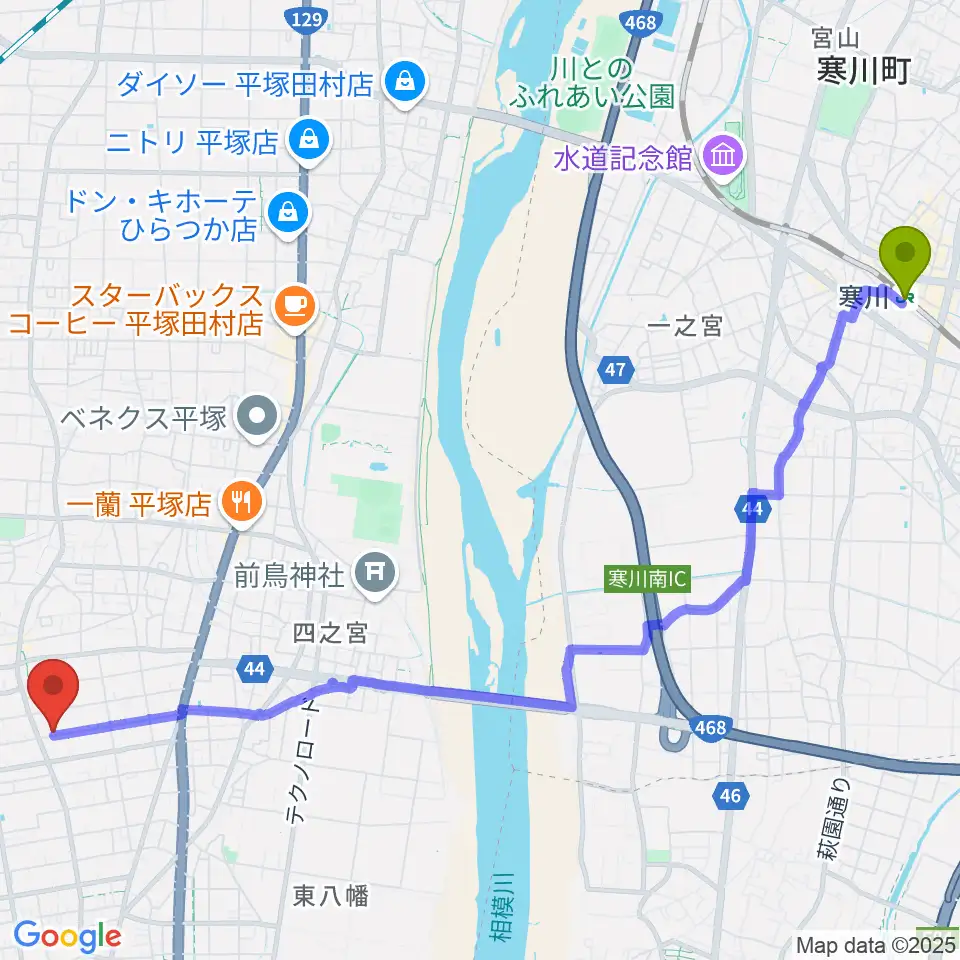 寒川駅から総合芸術学園ボア・コロンブへのルートマップ地図