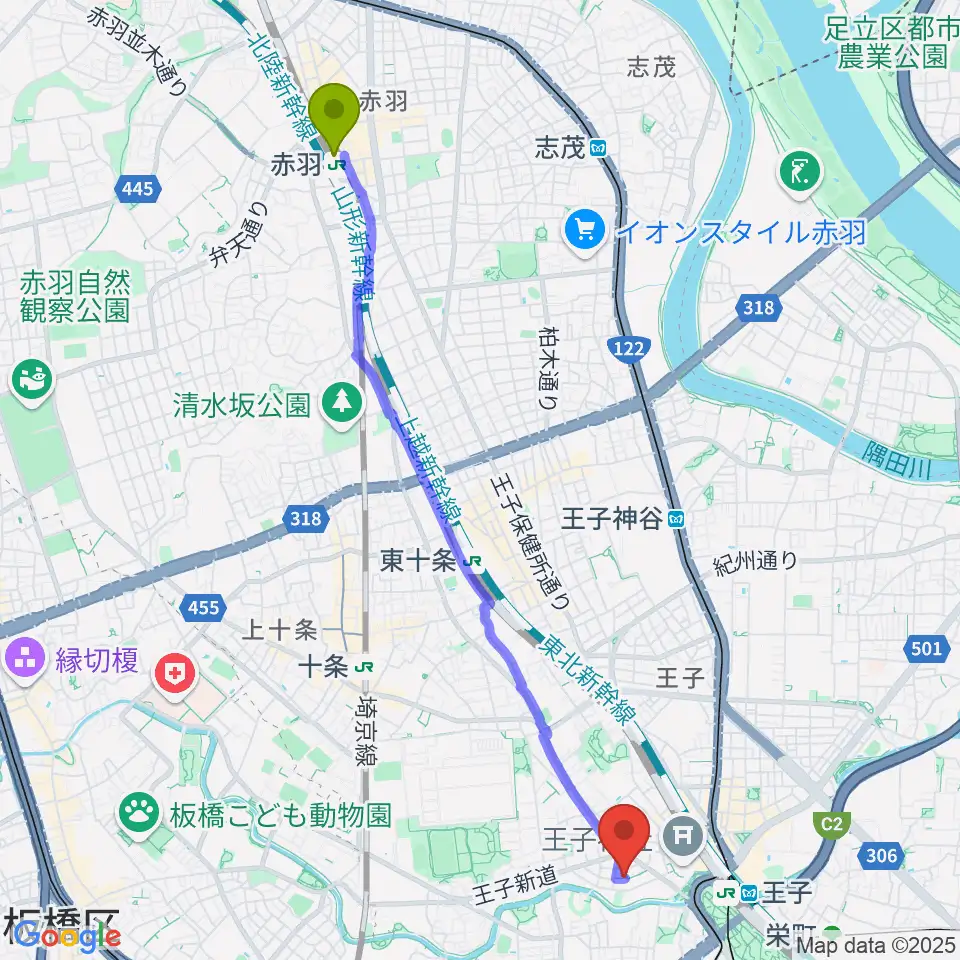 赤羽駅から松本美和ミュージックアカデミーへのルートマップ地図