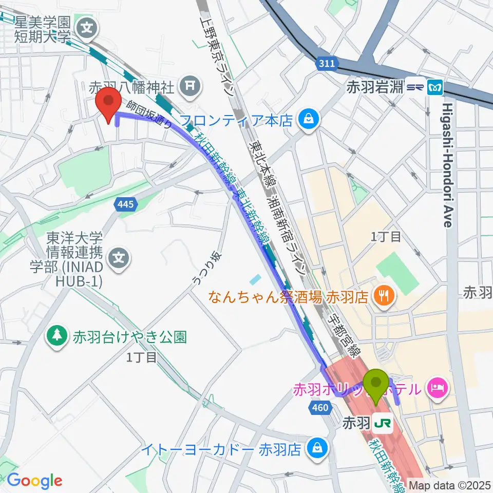 赤羽駅から松本美和ミュージックアカデミーへのルートマップ地図