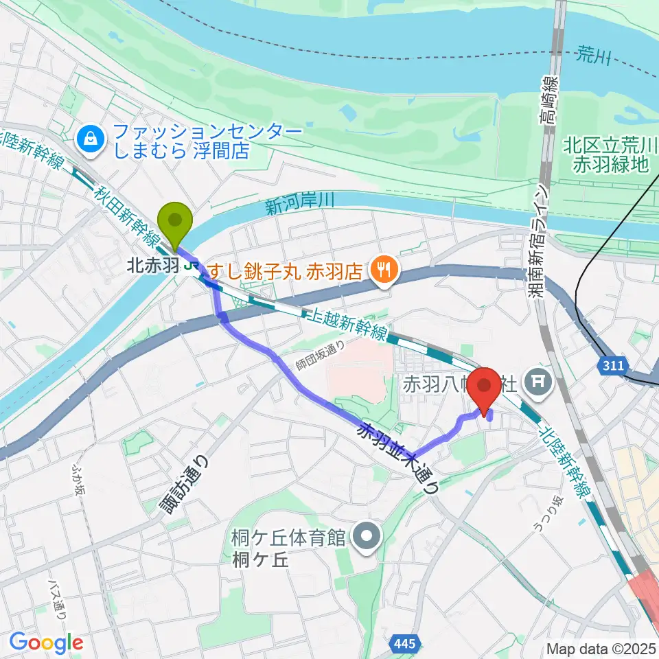 北赤羽駅から松本美和ミュージックアカデミーへのルートマップ地図