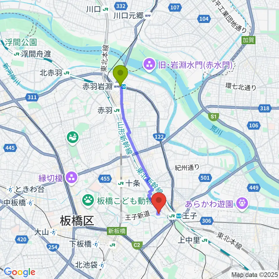 赤羽岩淵駅から松本美和ミュージックアカデミーへのルートマップ地図
