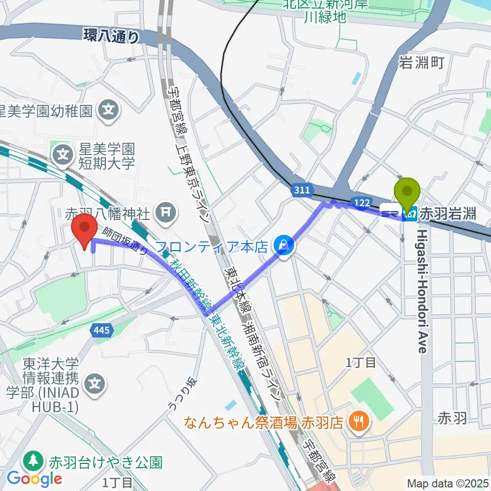 松本美和ミュージックアカデミーの最寄駅赤羽岩淵駅からの徒歩ルート（約10分）地図