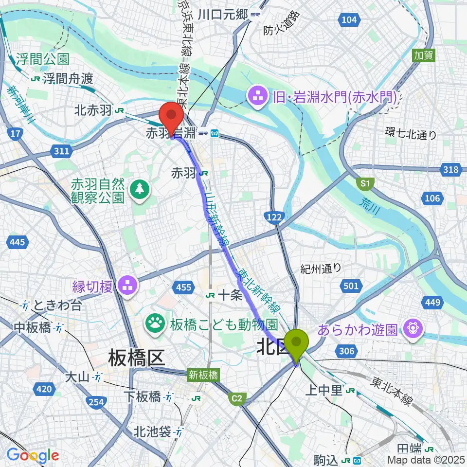 飛鳥山駅から松本美和ミュージックアカデミーへのルートマップ地図