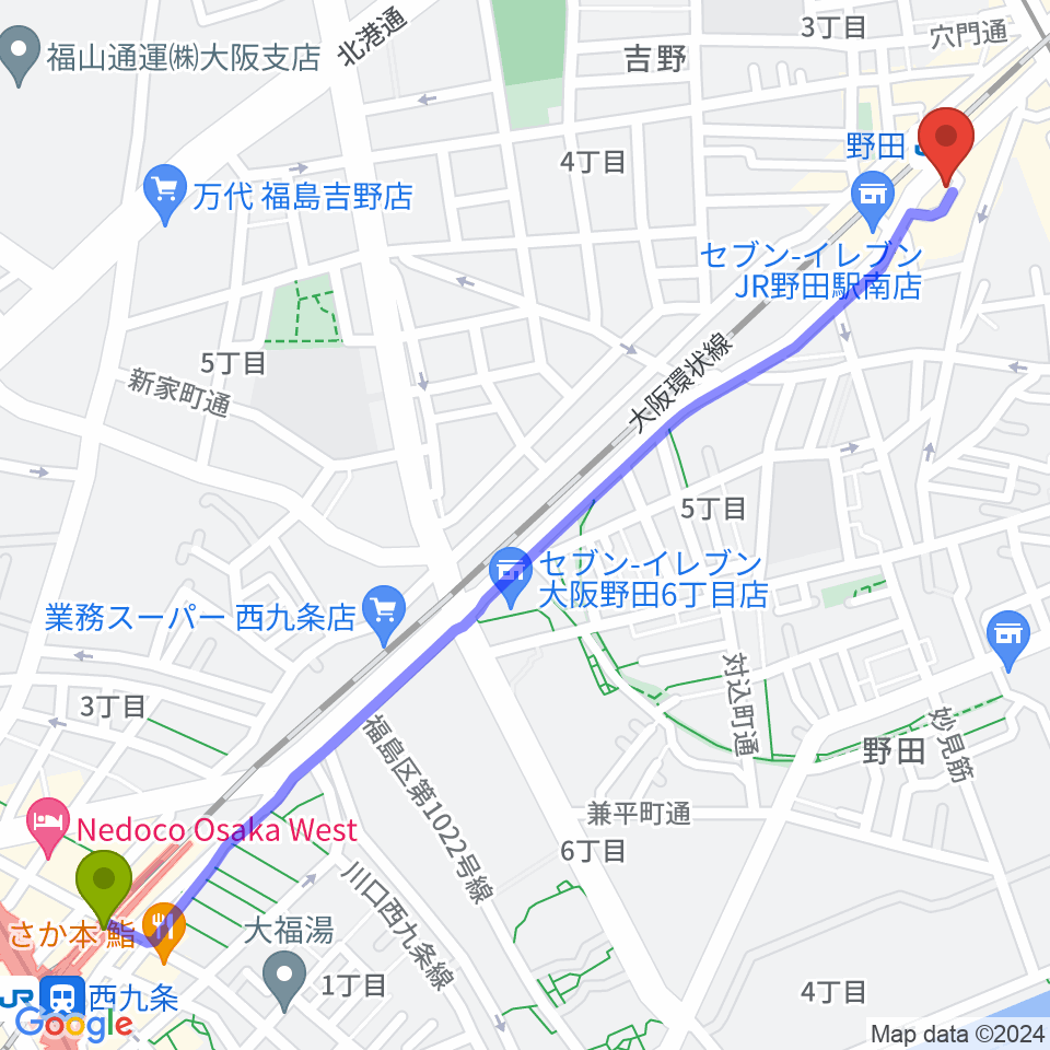 西九条駅からマツダ音楽教室へのルートマップ地図