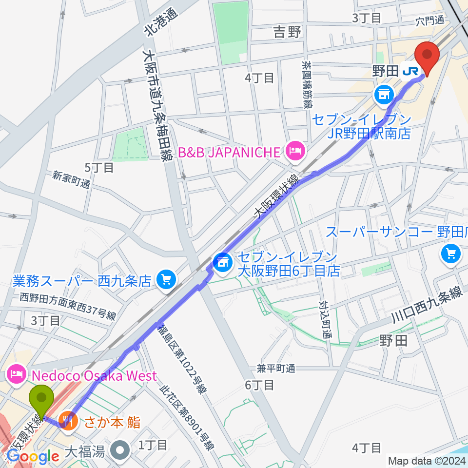 西九条駅からMatsuda Music Schoolへのルートマップ地図