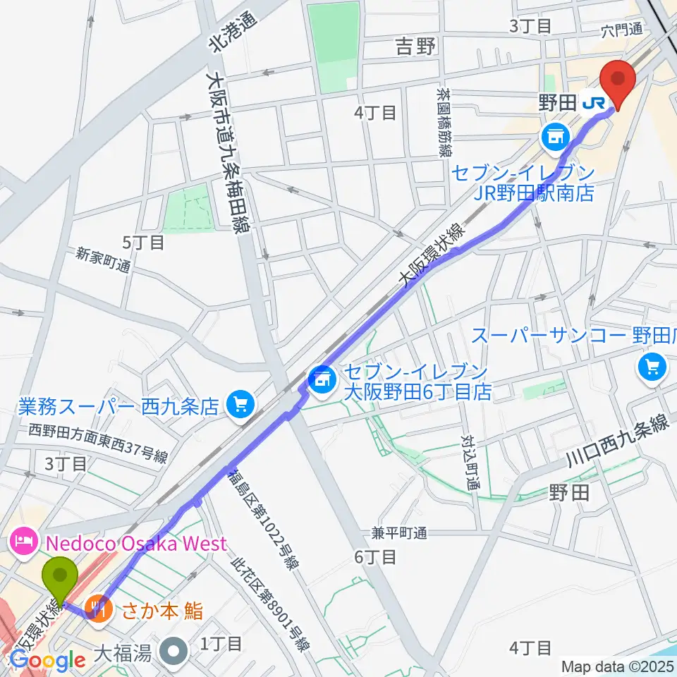 西九条駅からMatsuda Music Schoolへのルートマップ地図