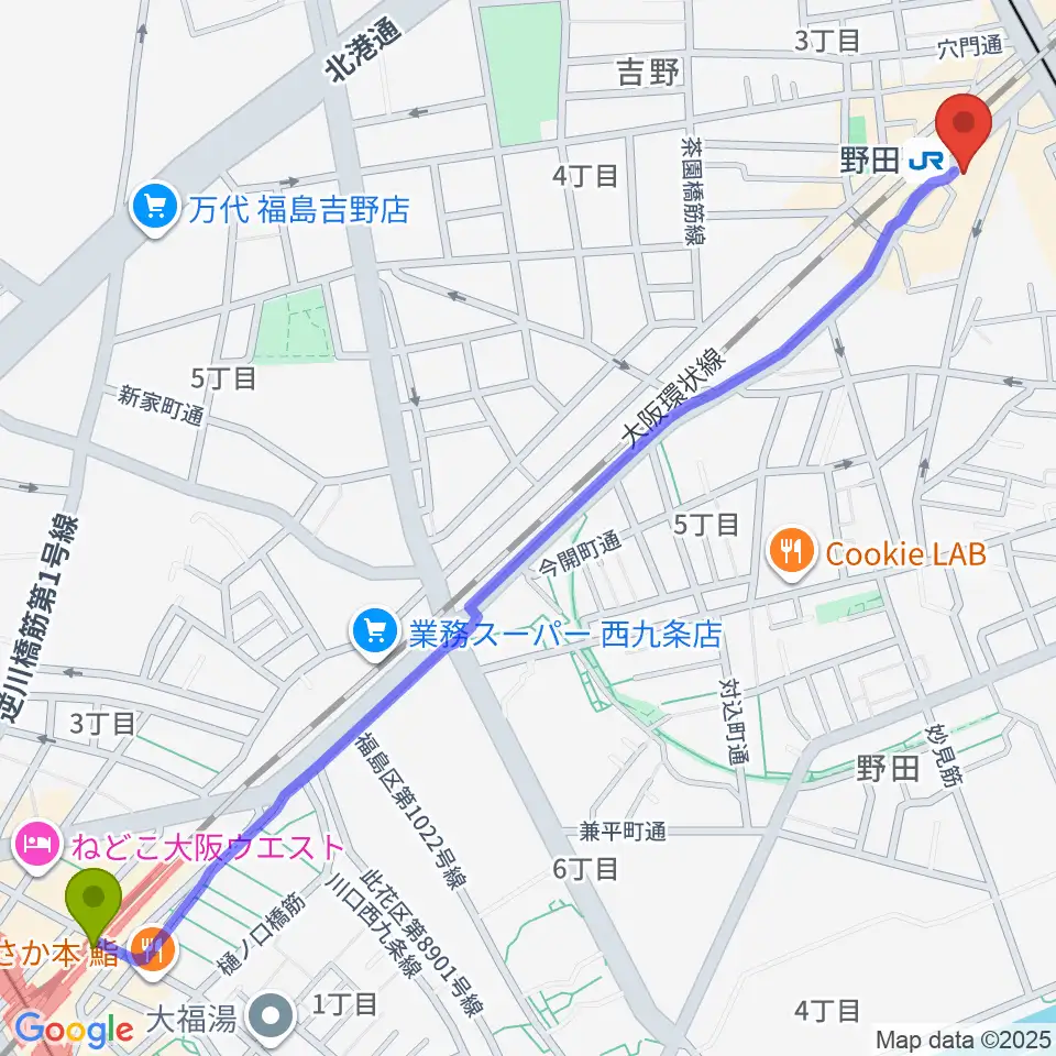 西九条駅からMatsuda Music Schoolへのルートマップ地図