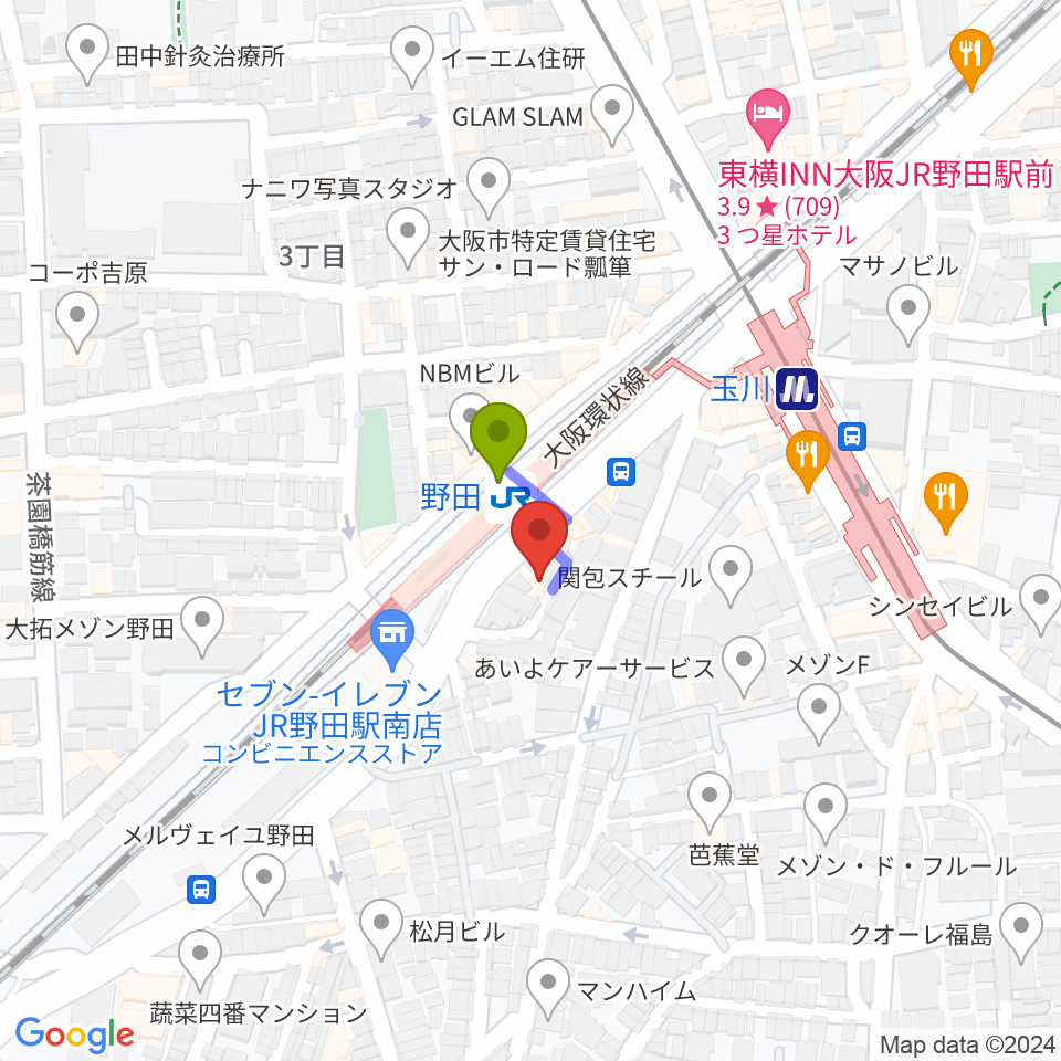 マツダ音楽教室の最寄駅野田駅からの徒歩ルート（約1分）地図
