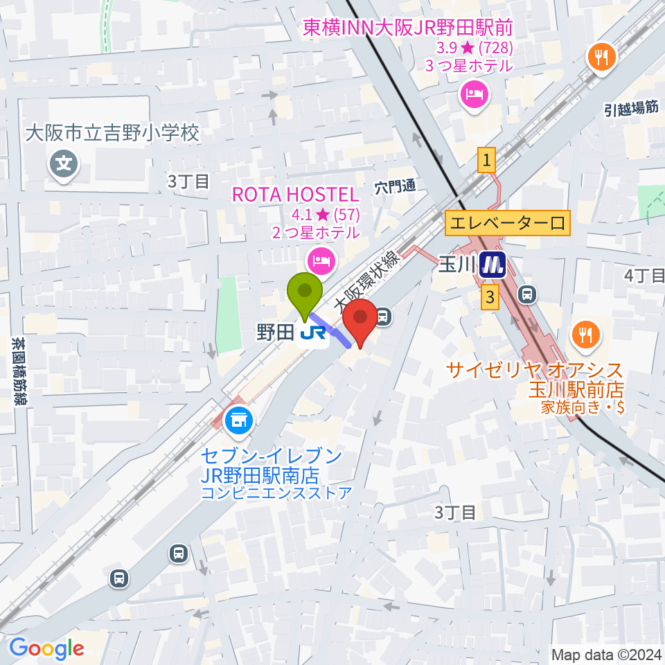 Matsuda Music Schoolの最寄駅野田駅からの徒歩ルート（約1分）地図