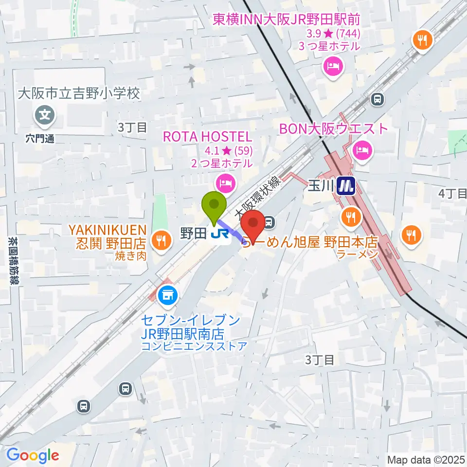 Matsuda Music Schoolの最寄駅野田駅からの徒歩ルート（約1分）地図