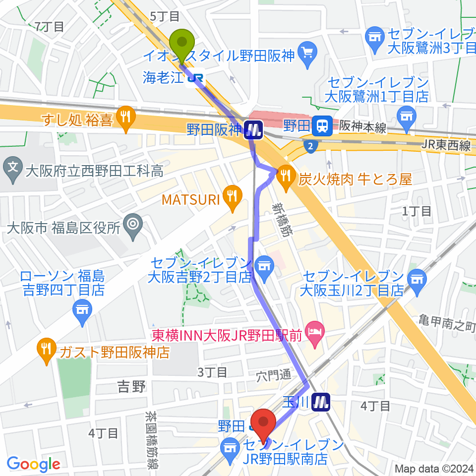 海老江駅からマツダ音楽教室へのルートマップ地図