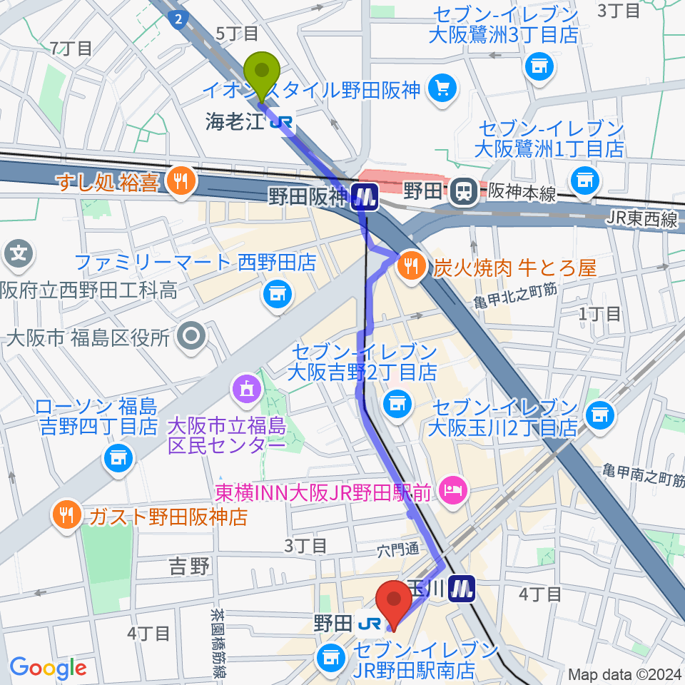 海老江駅からMatsuda Music Schoolへのルートマップ地図