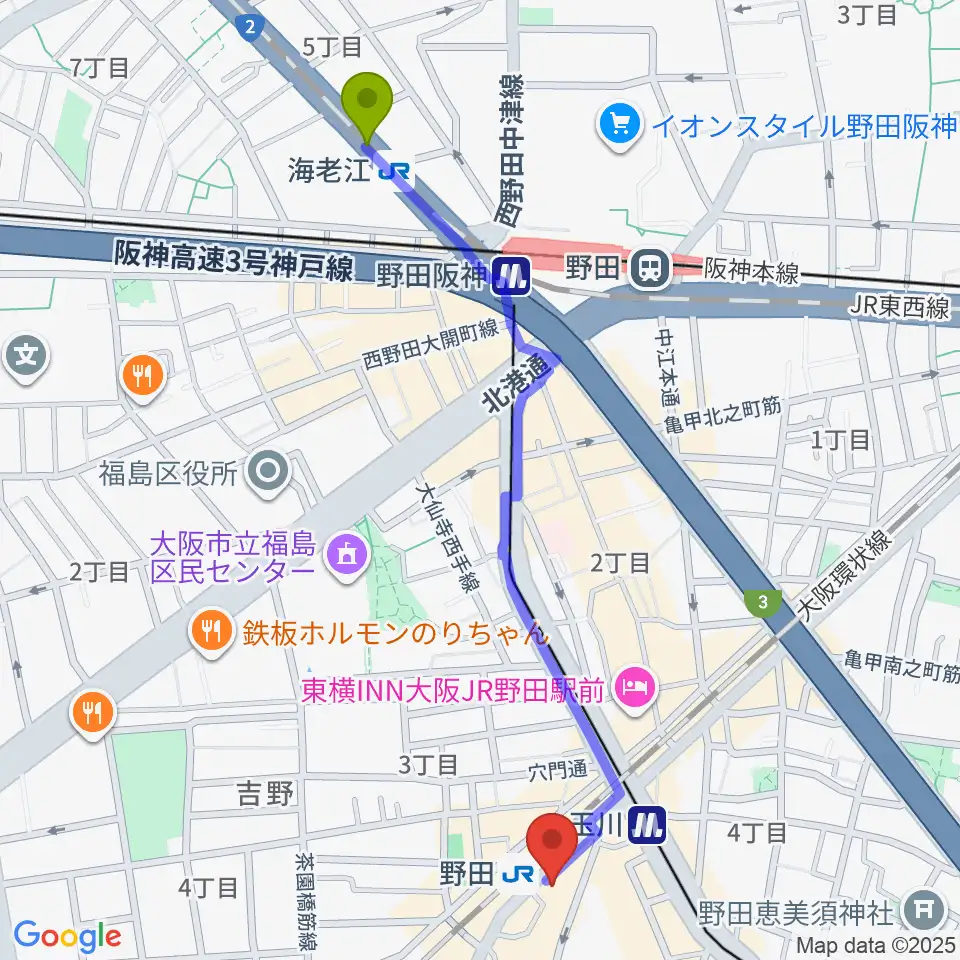 海老江駅からMatsuda Music Schoolへのルートマップ地図