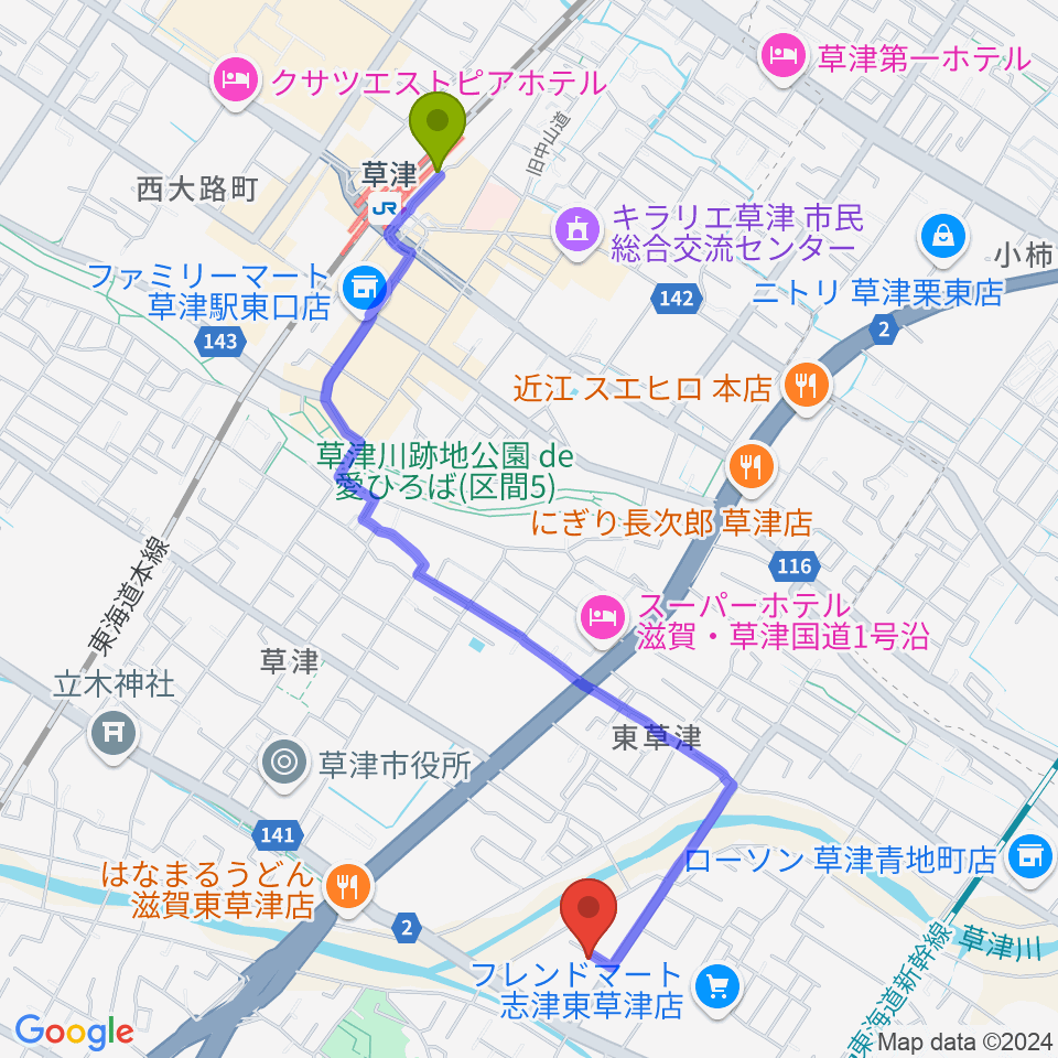 かなりあピアノ教室の最寄駅草津駅からの徒歩ルート（約24分）地図