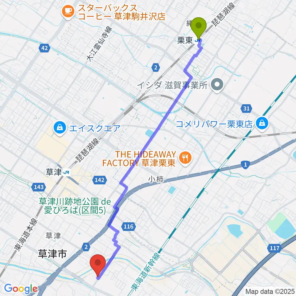 栗東駅からかなりあピアノ教室へのルートマップ地図