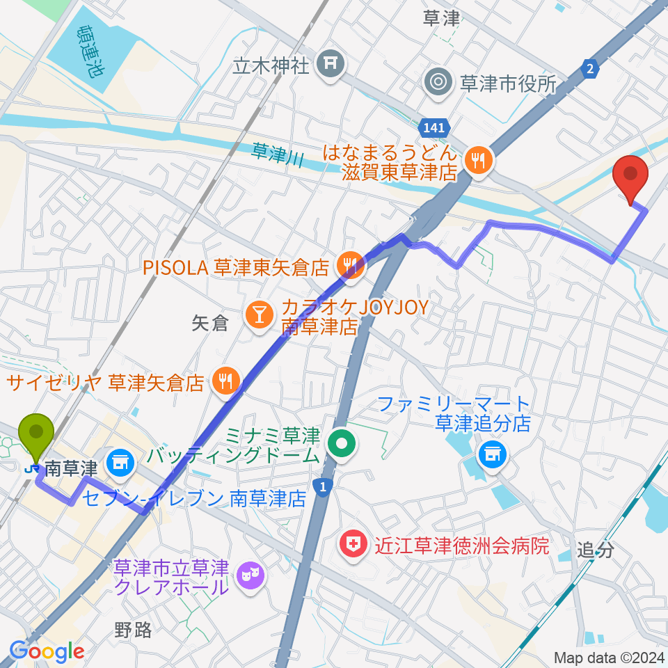 南草津駅からかなりあピアノ教室へのルートマップ地図