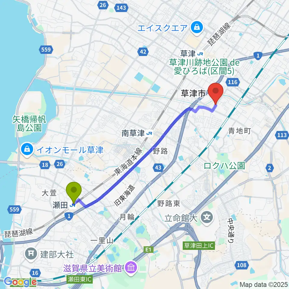 瀬田駅からかなりあピアノ教室へのルートマップ地図