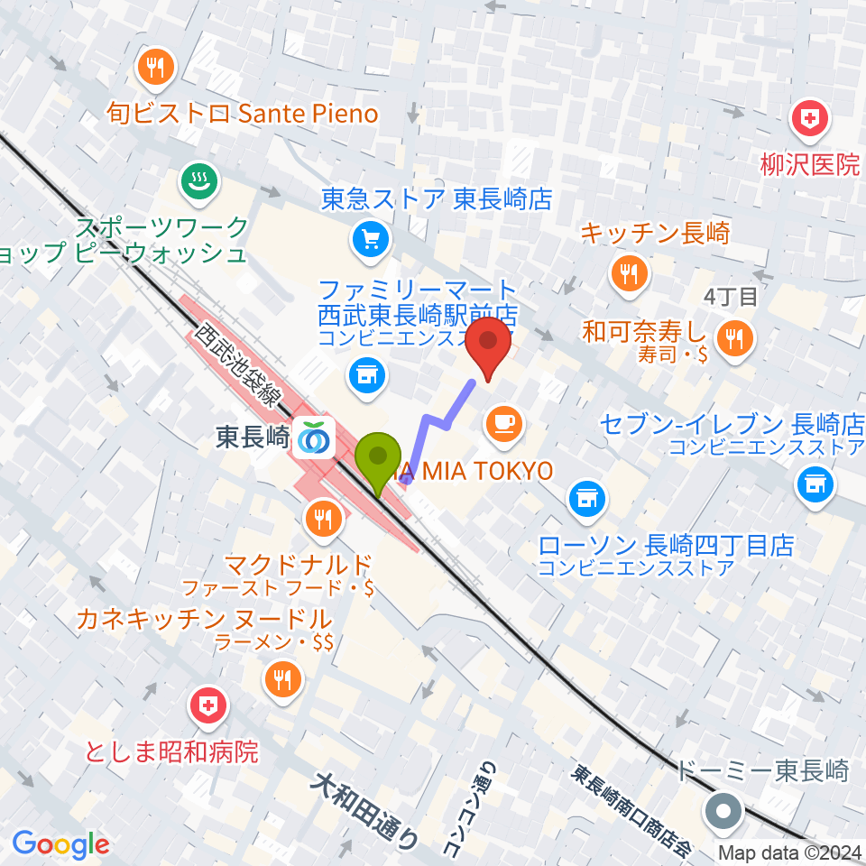 クラウドメイトミュージックスクールの最寄駅東長崎駅からの徒歩ルート（約1分）地図