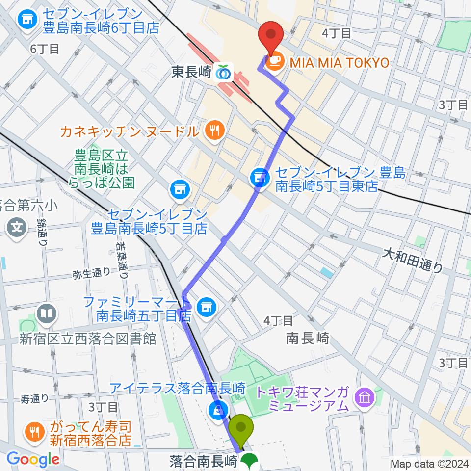 落合南長崎駅からクラウドメイトミュージックスクールへのルートマップ地図