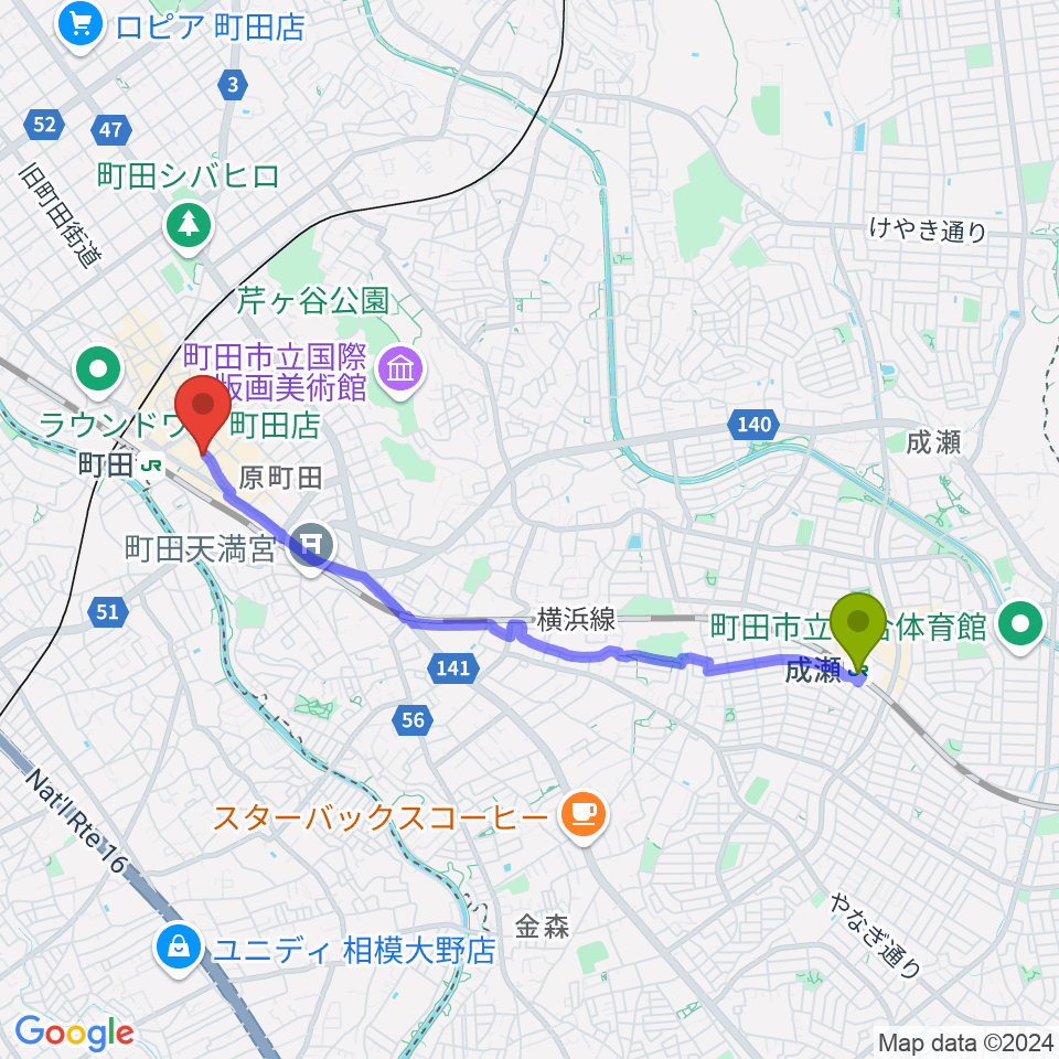 成瀬駅からスガナミミュージックサロン町田へのルートマップ地図