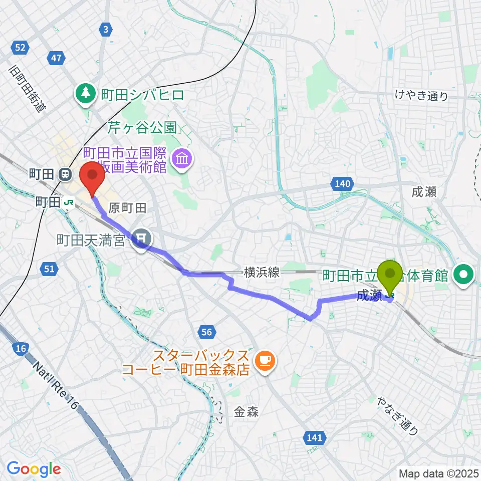 成瀬駅からスガナミミュージックサロン町田へのルートマップ地図