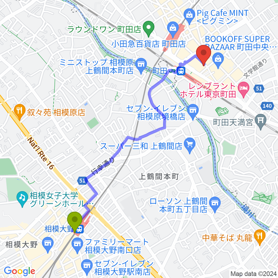 相模大野駅からスガナミミュージックサロン町田へのルートマップ地図