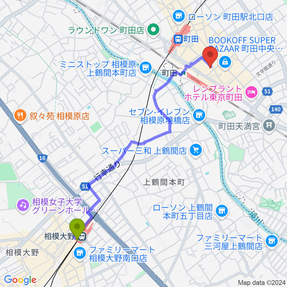 相模大野駅からスガナミミュージックサロン町田へのルートマップ地図